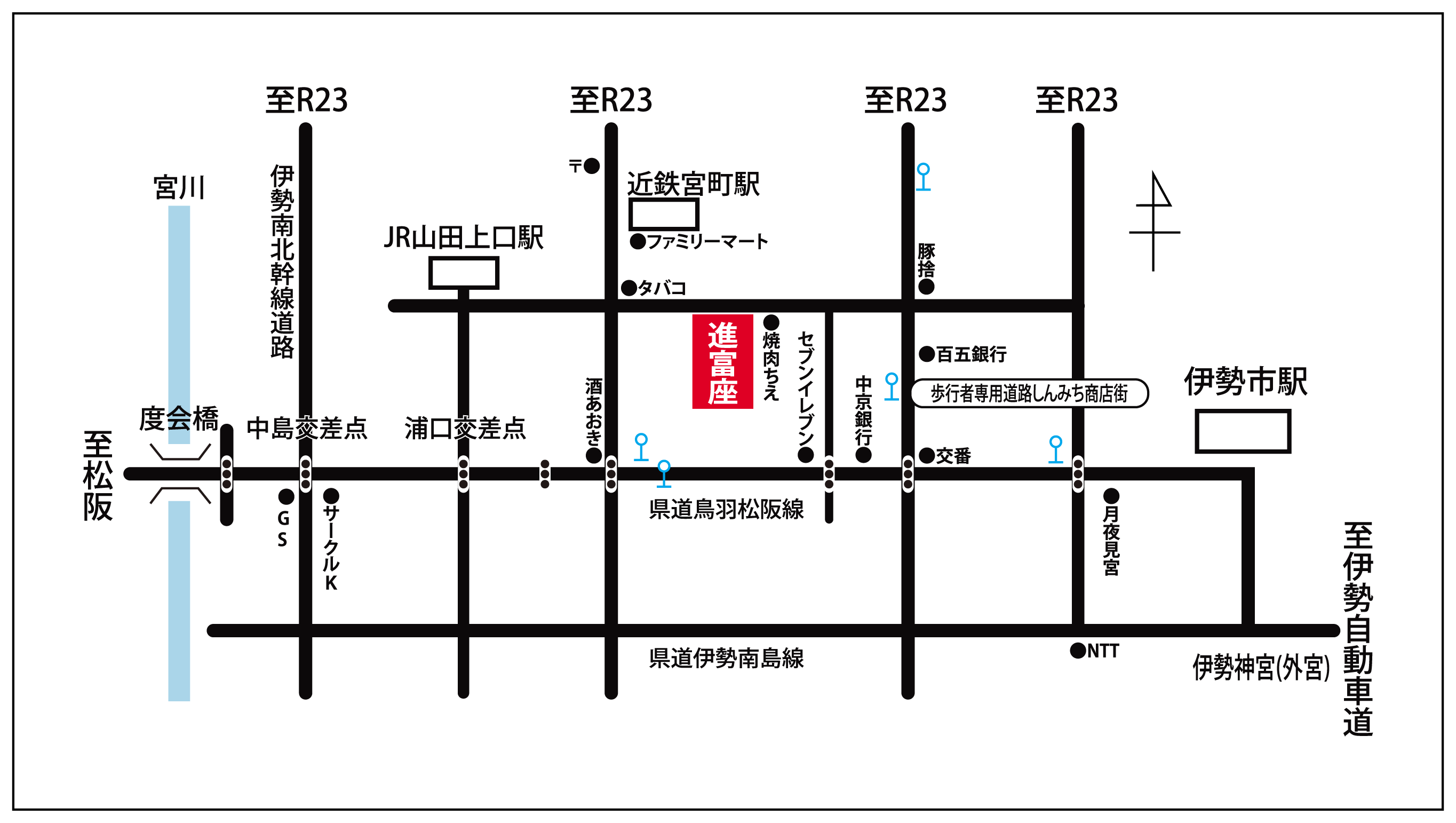 地図：JRに沿って東西に走る「やまだかみぐち」駅前から国際ホテル前の道の途中です。最寄りの駅は近鉄「みやまち」です。